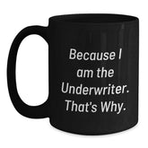 Funny Underwriter Gifts from Coworkers, Unique Black Coffee Mugs for Underwriter's Birthday, 'Because I Am The Underwriter. That's Why.' - Main